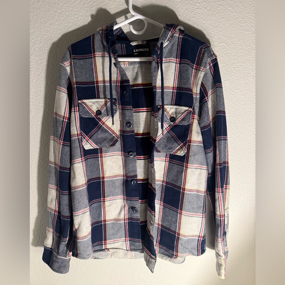 Express Blue and White Plaid Flannel Men’s Large - Picture 3 of 6